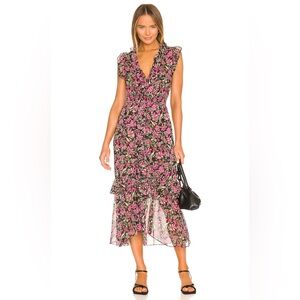 Misa Los Angeles Black Floral Midi Maxi Dress with Pink and Green Print